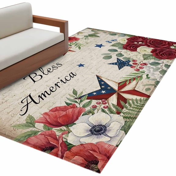 Rectangle Rug 4x6ft Area Rug, Retro Independence Day Floral Star Area Rugs for Living Room Bedroom, God Bless America Quote Floor Mat Non-Shedding Non-Slip Carpet Indoor Accent Rugs