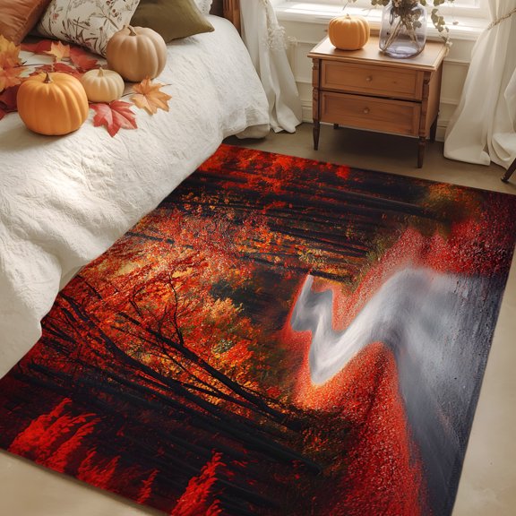 Rectangle Rug 4x6ft Area Rug, Rustic Maple Leaf Tree Road Area Rugs for Living Room Bedroom, Watercolor Autumn Leaves Floor Mat Non-Slip Non-Shedding Carpet Indoor Accent Rugs