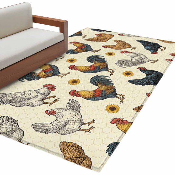 Rectangle Rug 4x6ft Area Rug, Rustic Rooster Sunflower Animal Art Area Rugs for Living Room Bedroom, Light Yellow Hexagon Floor Mat Non-Shedding Non-Slip Carpet Indoor Accent Rugs