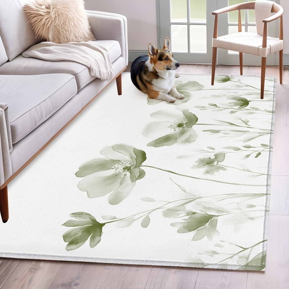 Rectangle Rug 4x6ft Area Rug,Sage Green Flower on White Area Rugs for Living Room Bedroom,Still Life Floral Floor Mat Non-Slip Non-Shedding Carpet Indoor Accent Rugs