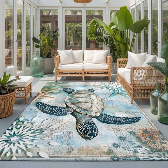 Rectangle Rug 4x6ft Area Rug, Sea Turtle Ocean Starfish Coral Area Rugs for Living Room Bedroom, Vintage Map Blue Ocean World Floor Mat Non-Slip Non-Shedding Carpet Indoor Accent Rugs