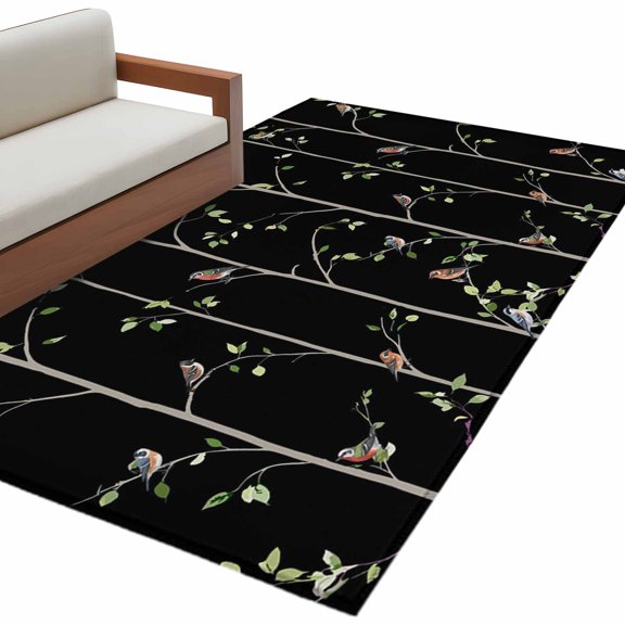 Rectangle Rug 4x6ft Area Rug, Spring Sparrows on Branches Area Rugs for Living Room Bedroom, Abstract Country Bird Floor Mat Non-Shedding Non-Slip Carpet Indoor Accent Rugs