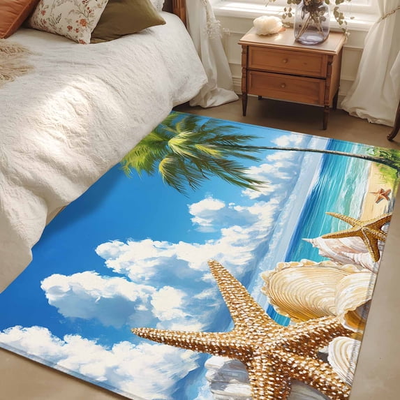 Rectangle Rug 4x6ft Area Rug, Summer Beach Starfish Shell Area Rugs for Living Room Bedroom, Palm Tree Tropical Leaves Floor Mat Non-Slip Non-Shedding Carpet Indoor Accent Rugs