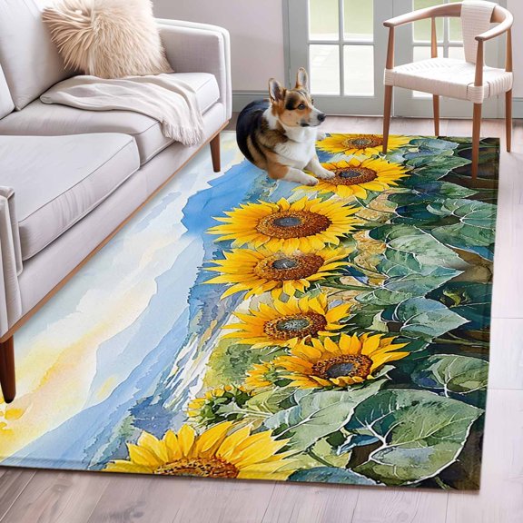 Rectangle Rug 4x6ft Area Rug, Summer Pastoral Sunflower Hill Area Rugs for Living Room Bedroom, Watercolor Floral Botanical Floor Mat Non-Slip Non-Shedding Carpet Indoor Accent Rugs