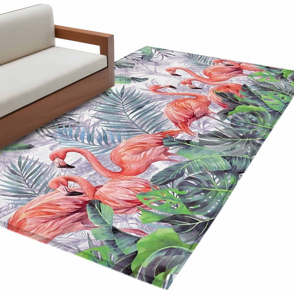 Rectangle Rug 4x6ft Area Rug, Summer Pink Flamingo Area Rugs for Living Room Bedroom, Tropical Animal Palm Leaf Tree Floor Mat Non-Shedding Non-Slip Carpet Indoor Accent Rugs