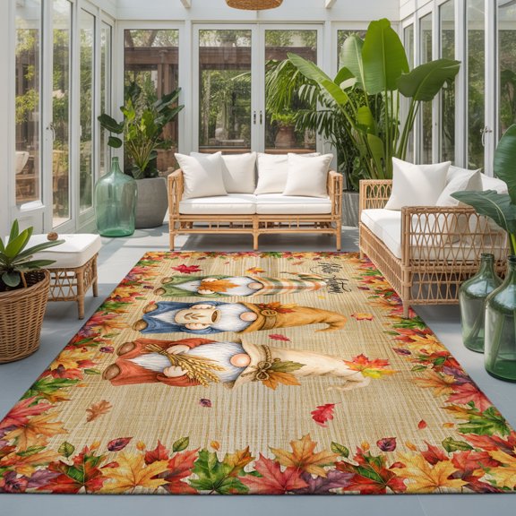 Rectangle Rug 4x6ft Area Rug, Thanksgiving Pumpkin Gnome Area Rugs for Living Room Bedroom, Country Maple Leaves on Brown Floor Mat Non-Slip Non-Shedding Carpet Indoor Accent Rugs