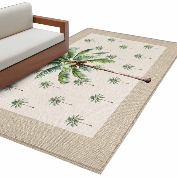 Rectangle Rug 4x6ft Area Rug, Tropical Coconut Tree on Beige Linen Area Rugs for Living Room Bedroom, Summer Plant Theme Floor Mat Non-Shedding Non-Slip Carpet Indoor Accent Rugs