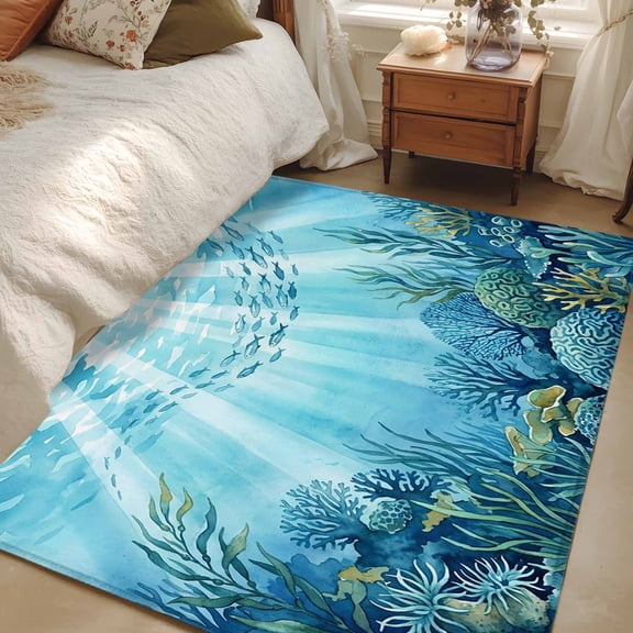 Rectangle Rug 4x6ft Area Rug, Underwater World Coral Seaweed Area Rugs for Living Room Bedroom, Seafloor Ocean Life Fish Floor Mat Non-Slip Non-Shedding Carpet Indoor Accent Rugs