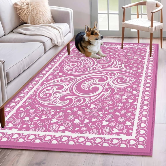 Rectangle Rug 4x6ft Area Rug,Valentine's Abstract Love Heart Area Rugs for Living Room Bedroom,Boho Pink White Line Floor Mat Non-Slip Non-Shedding Carpet Indoor Accent Rugs