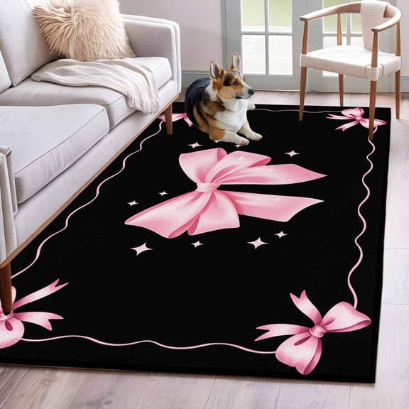 Rectangle Rug 4x6ft Area Rug,Valentine's Day Pink Bowknot on Black Area Rugs for Living Room Bedroom,Ribbon Bow Mother's Day Floor Mat Non-Slip Non-Shedding Carpet Indoor Accent Rugs