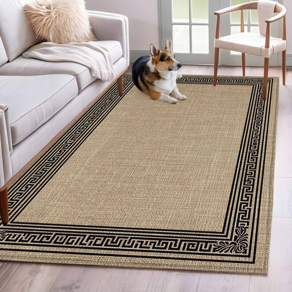 Rectangle Rug 4x6ft Area Rug, Vintage Greece Pattern Area Rugs for Living Room Bedroom, Geometric Black Line on Brown Floor Mat Non-Slip Non-Shedding Carpet Indoor Accent Rugs