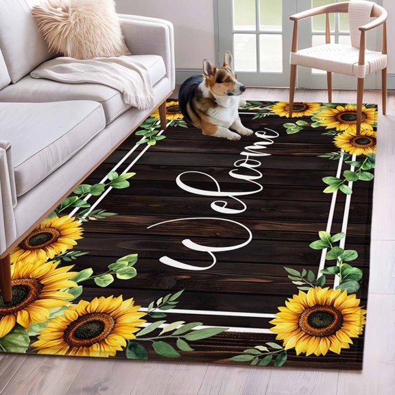 Rectangle Rug 4x6ft Area Rug, Vintage Sunflower Brown Wood Grain Area Rugs for Living Room Bedroom, Welcome on Farm Board Floor Mat Non-Slip Non-Shedding Carpet Indoor Accent Rugs