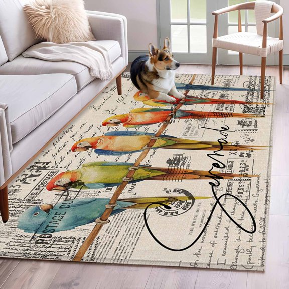 Rectangle Rug 4x6ft Area Rug, Watercolor Parrot Bird on Burlap Area Rugs for Living Room Bedroom, Vintage Stamp Letter Texture Floor Mat Non-Slip Non-Shedding Carpet Indoor Accent Rugs