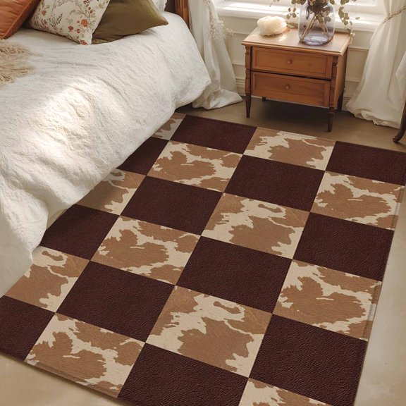 Rectangle Rug 4x6ft Area Rug, Western Cowboy Style Plaid Area Rugs for Living Room Bedroom, Retro Geometric Check Floor Mat Non-Slip Non-Shedding Carpet Indoor Accent Rugs