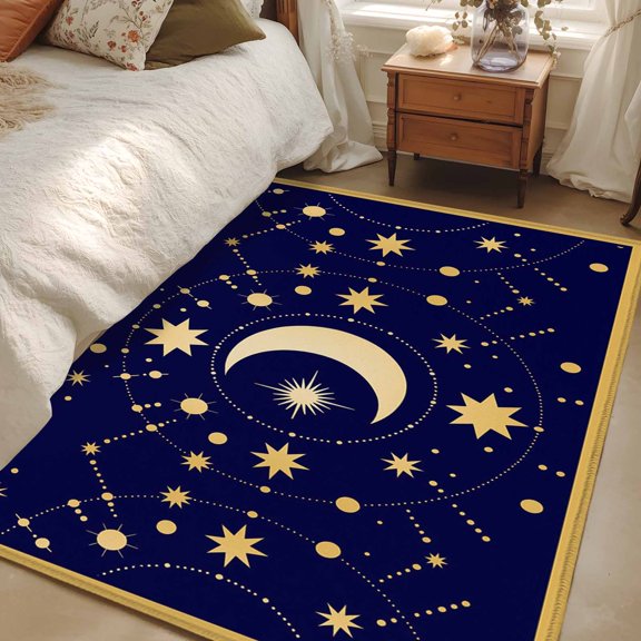 Rectangle Rug 4x6ft Area Rug, Yellow Moon Star Area Rugs for Living Room Bedroom, Abstract Polka Dot on Dark Blue Floor Mat Non-Slip Non-Shedding Carpet Indoor Accent Rugs