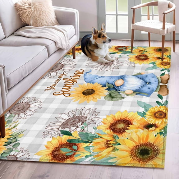 Rectangle Rug 4x6ft Area Rug,You Are My Sunshine Blue Gnome Area Rugs for Living Room Bedroom,Farm Sunflowers Floor Mat Non-Slip Non-Shedding Carpet Indoor Accent Rugs