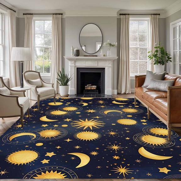 Rectangle Rug 5x7Ft Fantasy Galaxy Moon Sun Soft Indoor Throw Rugs Carpets for Living Dining Bedroom Kids Room Non-Slip Playroom Crawl Rug Floor Mats Cartoon Starry Night