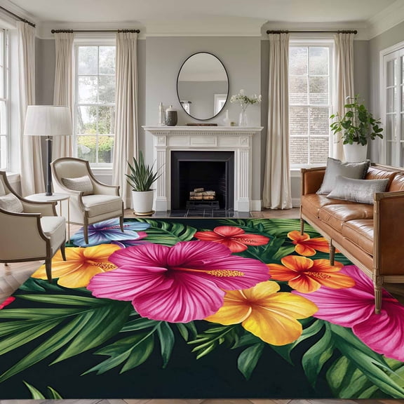 Rectangle Rug 5x7Ft Hibiscus Flower Pink Floral Soft Indoor Throw Rugs Carpets for Living Dining Bedroom Kids Room Non-Slip Playroom Crawl Rug Floor Mats Country Watercolor Green Leaves