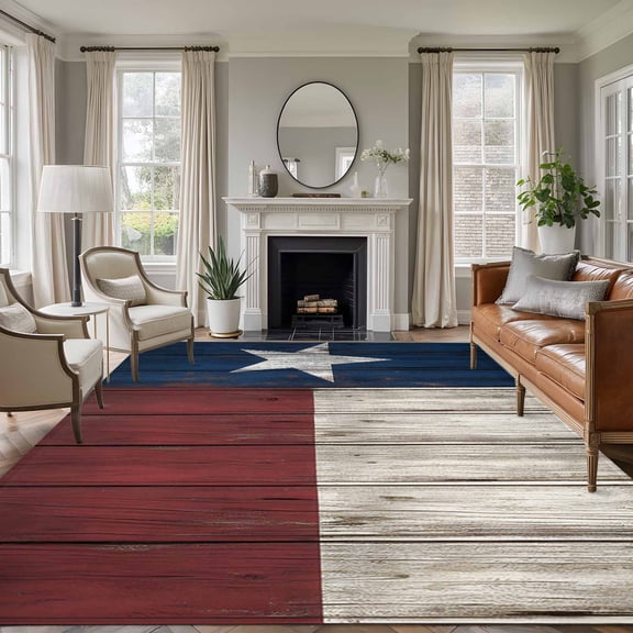 Rectangle Rug 5x7Ft Independence Day USA State Flag Star Soft Indoor Throw Rugs Carpets for Living Dining Bedroom Kids Room Non-Slip Playroom Crawl Rug Floor Mats Retro Farm Wood Grain