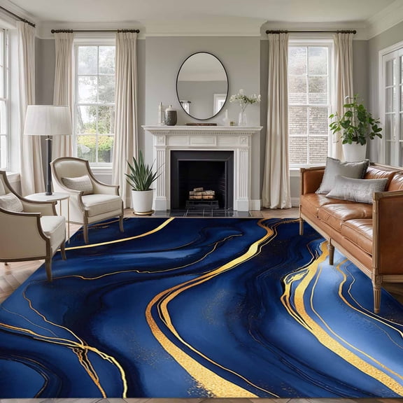 Rectangle Rug 5x7Ft Navy Blue Marble Gold Foil Soft Indoor Throw Rugs Carpets for Living Dining Bedroom Kids Room Non-Slip Playroom Crawl Rug Floor Mats Abstract Geometric Minimalist Style