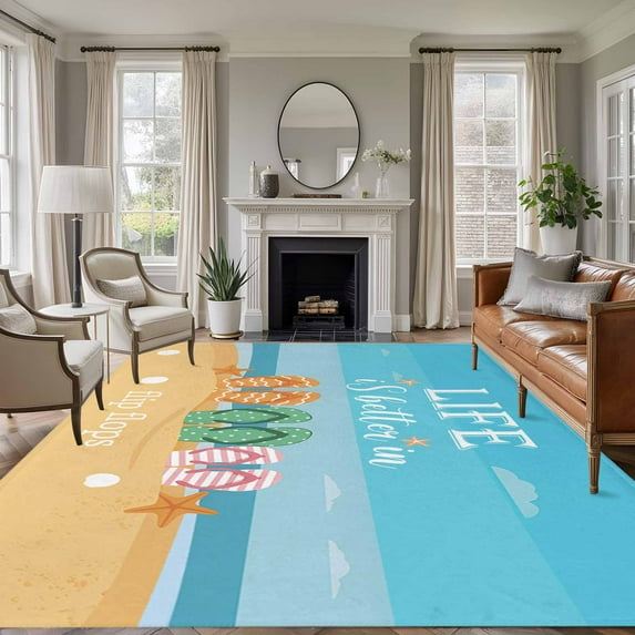 Rectangle Rug 5x7Ft, Seaside Beach Slipper Better Life Soft Non-Slip Washable Felt Carpet Pad, Vacation Starfish Shell Area Rugs for Living Room Bedroom Kids Room