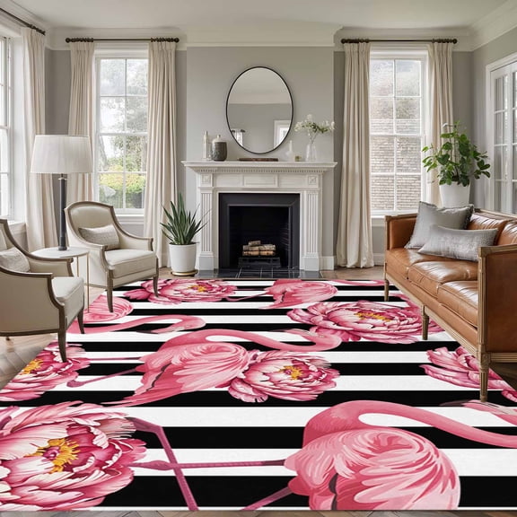 Rectangle Rug 5x7Ft Tropical Pink Flamingo Flower Soft Indoor Throw Rugs Carpets for Living Dining Bedroom Kids Room Non-Slip Playroom Crawl Rug Floor Mats White Black Modern Stripe