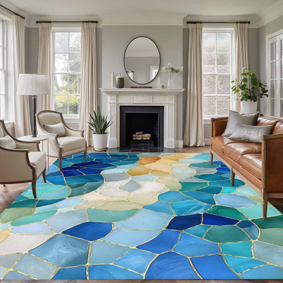 Rectangle Rug 5x7ft Area Rug, Abstract Blue Yellow Glass Shard Area Rugs for Living Room Bedroom, Seamless Broken Tile Print Floor Mat Non-Slip Non-Shedding Carpet Indoor Accent Rugs