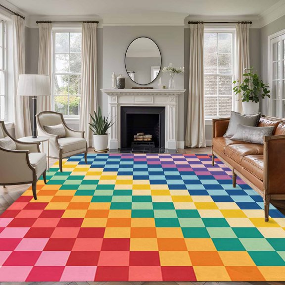 Rectangle Rug 5x7ft Area Rug, Abstract Checkerboard Squares Area Rugs for Living Room Bedroom, Blue Green Red Plaid Floor Mat Non-Slip Non-Shedding Carpet Indoor Accent Rugs