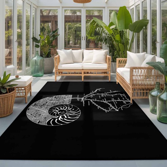Rectangle Rug 5x7ft Area Rug, Abstract City Route Area Rugs for Living Room Bedroom, Nautilus Conch on Black Floor Mat Non-Slip Non-Shedding Carpet Indoor Accent Rugs