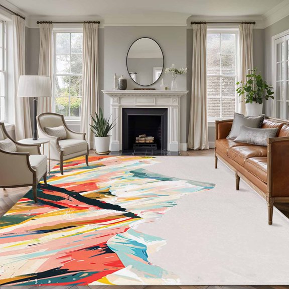 Rectangle Rug 5x7ft Area Rug, Abstract Colorful Natural Scene Mountain Area Rugs for Living Room Bedroom, Modern Watercolor Snow Hill Floor Mat Non-Slip Non-Shedding Carpet Indoor Accent Rugs
