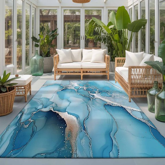 Rectangle Rug 5x7ft Area Rug, Abstract Marble Texture Seamless Area Rugs for Living Room Bedroom, Gradient Blue Waves Floor Mat Non-Slip Non-Shedding Carpet Indoor Accent Rugs