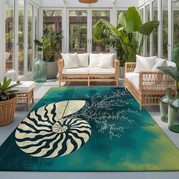 Rectangle Rug 5x7ft Area Rug, Abstract Ocean Conch Area Rugs for Living Room Bedroom, City Route on Green Background Floor Mat Non-Slip Non-Shedding Carpet Indoor Accent Rugs