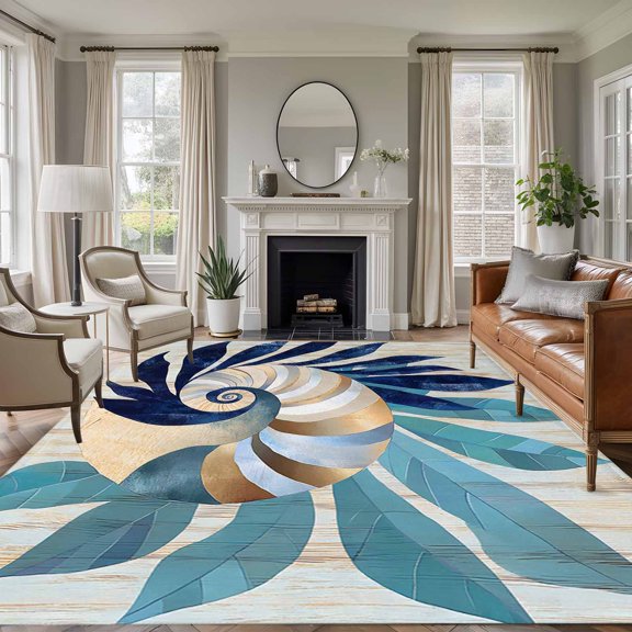 Rectangle Rug 5x7ft Area Rug, Abstract Ocean Conch Leaves Area Rugs for Living Room Bedroom, Blue Teal Foliage Marine Theme Floor Mat Non-Slip Non-Shedding Carpet Indoor Accent Rugs