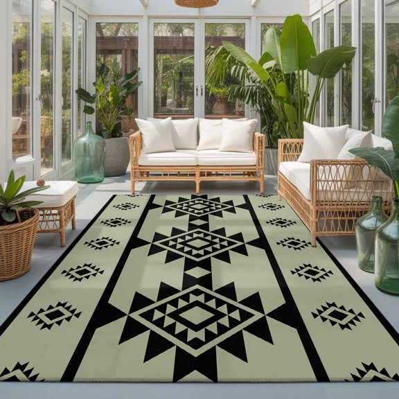 Rectangle Rug 5x7ft Area Rug, Abstract Traditional Trial on Light Green Area Rugs for Living Room Bedroom, Retro Geometric Style Floor Mat Non-Slip Non-Shedding Carpet Indoor Accent Rugs