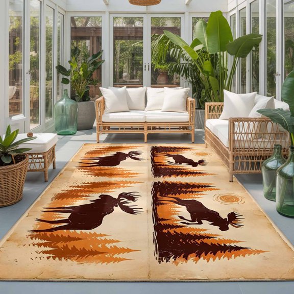 Rectangle Rug 5x7ft Area Rug, Animals Jumping Moose Area Rugs for Living Room Bedroom, Vintage Rustic Art Floor Mat Non-Slip Non-Shedding Carpet Indoor Accent Rugs