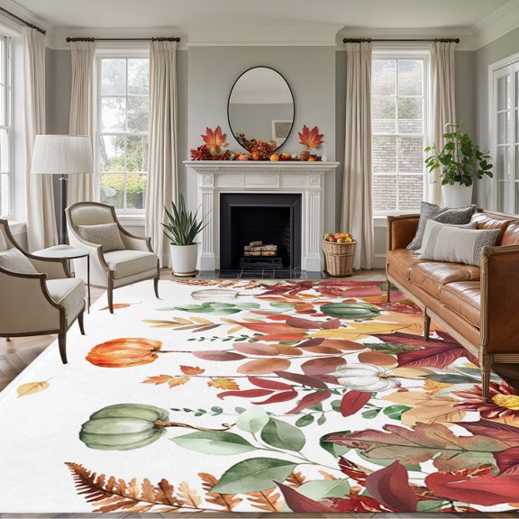 Rectangle Rug 5x7ft Area Rug, Autumn Maple Leaves Thanksgiving Pumpkins Area Rugs for Living Room Bedroom, Fallen Leaves on White Floor Mat Non-Slip Non-Shedding Carpet Indoor Accent Rugs