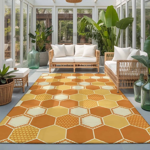 Rectangle Rug 5x7ft Area Rug, Autumn Orange Grid Hexagon Area Rugs for Living Room Bedroom, Color Block Floor Mat Non-Slip Non-Shedding Carpet Indoor Accent Rugs