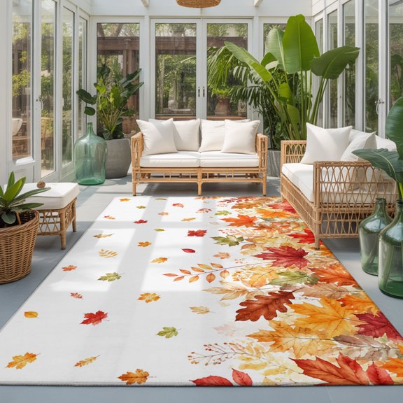Rectangle Rug 5x7ft Area Rug, Autumn Orange Maple Leaf Watercolor Area Rugs for Living Room Bedroom, Fallen Leaves on White Floor Mat Non-Slip Non-Shedding Carpet Indoor Accent Rugs