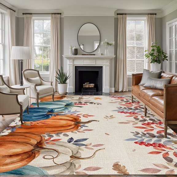 Rectangle Rug 5x7ft Area Rug, Autumn Thanksgiving Pumpkin Area Rugs for Living Room Bedroom, Fall Leaves Cotton on Linen Floor Mat Non-Slip Non-Shedding Carpet Indoor Accent Rugs