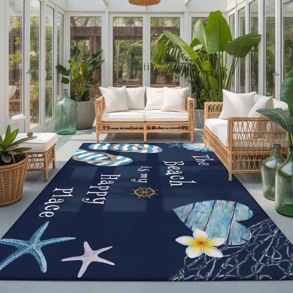 Rectangle Rug 5x7ft Area Rug, The Beach Is My Happy Place Area Rugs for Living Room Bedroom, Flip Starfish Daisy Floral Floor Mat Non-Slip Non-Shedding Carpet Indoor Accent Rugs
