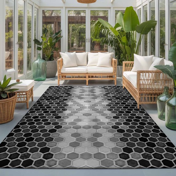 Rectangle Rug 5x7ft Area Rug, Black Gray Gradient Hexagon Area Rugs for Living Room Bedroom, Abstract Honeycomb Grid Ombre Floor Mat Non-Slip Non-Shedding Carpet Indoor Accent Rugs