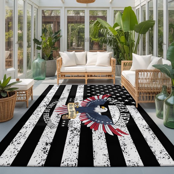 Rectangle Rug 5x7ft Area Rug, Black White American Flag Area Rugs for Living Room Bedroom, July 4th Patriotic Eagle Star Stripe Floor Mat Non-Slip Non-Shedding Carpet Indoor Accent Rugs