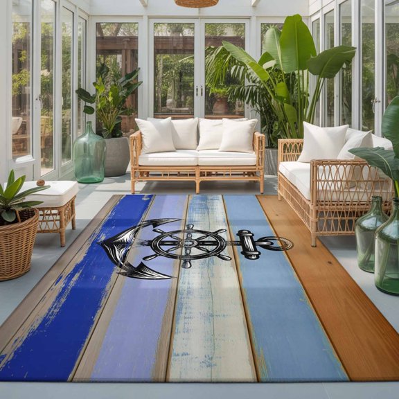 Rectangle Rug 5x7ft Area Rug, Black Wooden Boards Anchor Area Rugs for Living Room Bedroom, Blue Brown Wood Board Floor Mat Non-Slip Non-Shedding Carpet Indoor Accent Rugs