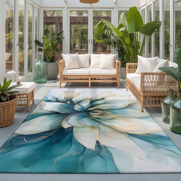 Rectangle Rug 5x7ft Area Rug, Blooming Flower White Lotus Area Rugs for Living Room Bedroom, Abstract Marble Texture Floor Mat Non-Slip Non-Shedding Carpet Indoor Accent Rugs
