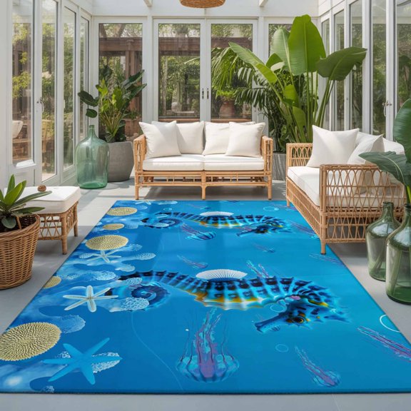 Rectangle Rug 5x7ft Area Rug, Blue Hippocampus Corals Seahorse Shells Area Rugs for Living Room Bedroom, Sum Marine Life Floor Mat Non-Slip Non-Shedding Carpet Indoor Accent Rugs
