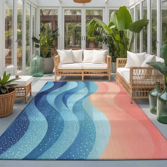 Rectangle Rug 5x7ft Area Rug, Blue Peach Layered Ocean Waves Area Rugs for Living Room Bedroom, Gradient Striped Floor Mat Non-Slip Non-Shedding Carpet Indoor Accent Rugs
