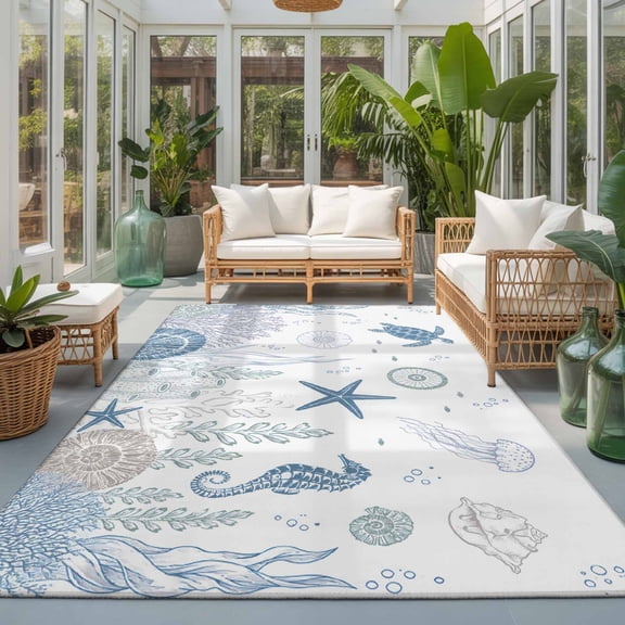 Rectangle Rug 5x7ft Area Rug, Blue Sea Turtle Starfish Cora Shell Area Rugs for Living Room Bedroom, Underwater World Floor Mat Non-Slip Non-Shedding Carpet Indoor Accent Rugs