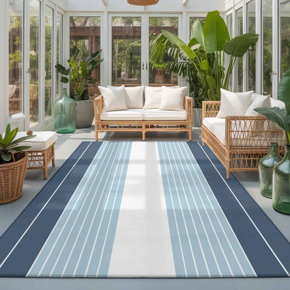 Rectangle Rug 5x7ft Area Rug, Blue Stripes Abstract Geometric Area Rugs for Living Room Bedroom, Summer Ocean Theme Floor Mat Non-Slip Non-Shedding Carpet Indoor Accent Rugs