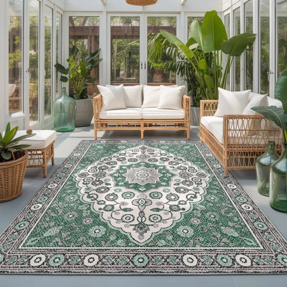 Rectangle Rug 5x7ft Area Rug, Boho Ethnic Abstract Flower Area Rugs for Living Room Bedroom, Traditional Gray Green Theme Floor Mat Non-Slip Non-Shedding Carpet Indoor Accent Rugs