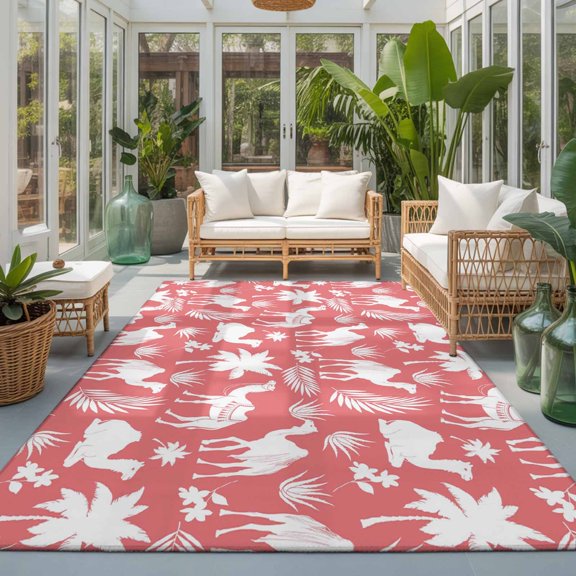 Rectangle Rug 5x7ft Area Rug, Camels Date Palm Trees Area Rugs for Living Room Bedroom, Aloe Vera on Pink Floor Mat Non-Slip Non-Shedding Carpet Indoor Accent Rugs